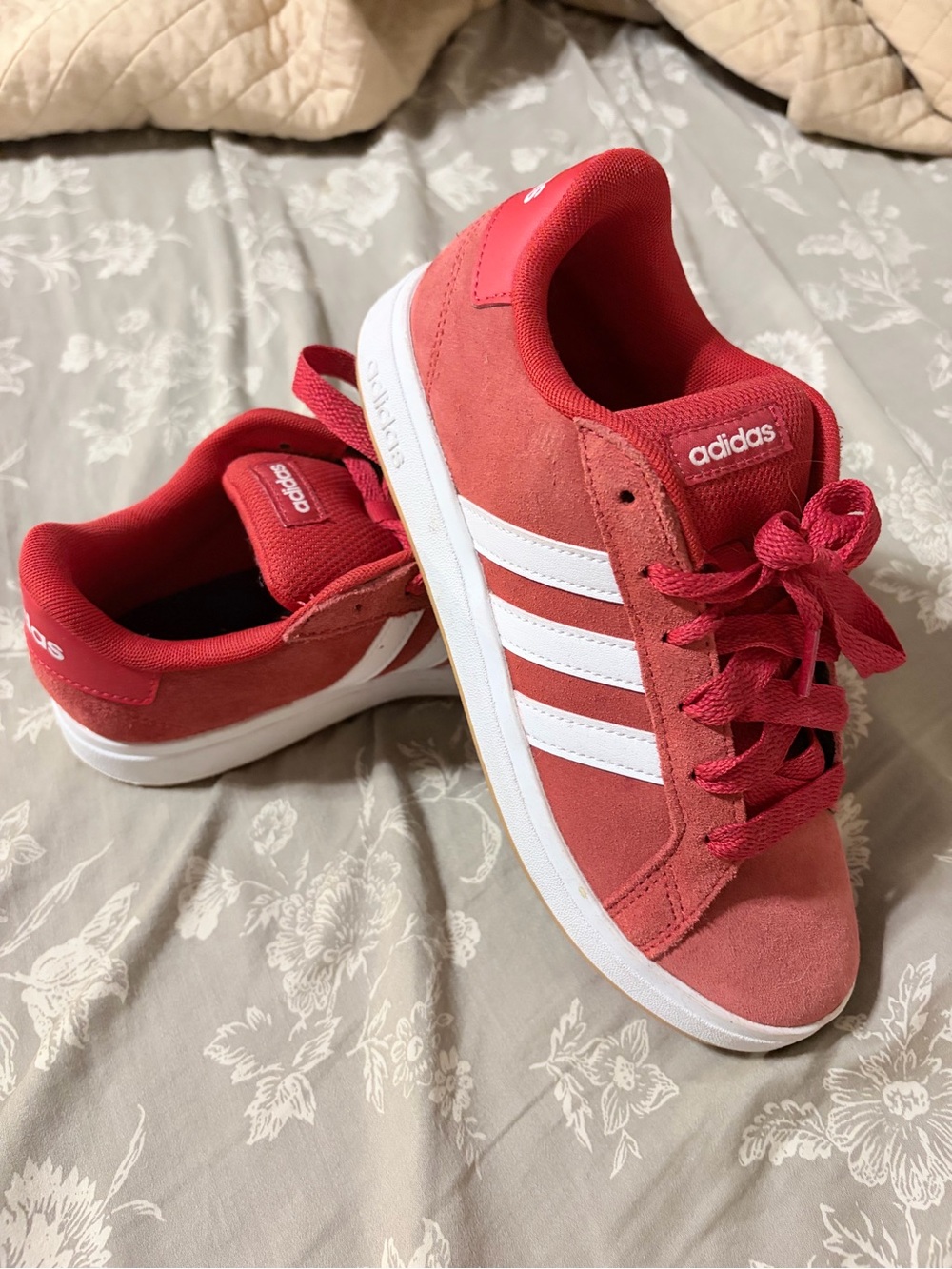 adidas Women’s Red Suede Sneakers with White Stripes
